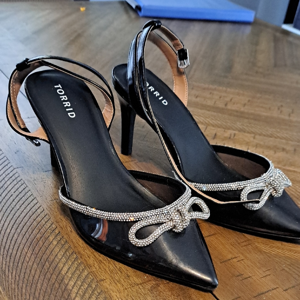 Torrid Glossy Black Heels with Sparkling Silver Bow